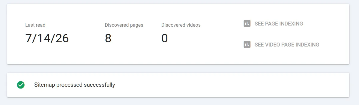 Google Search Console showing a sitemap processed successfully with 8 pages indexed.