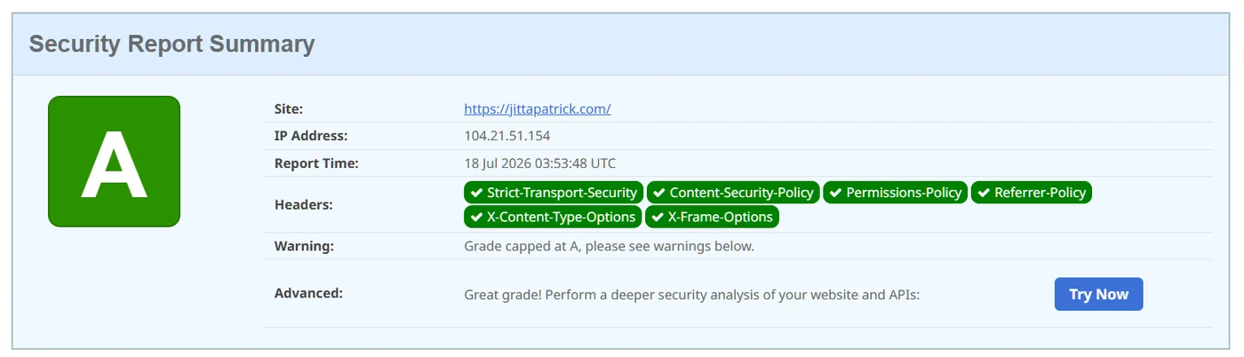 Security report summary showing an A grade with HSTS, CSP and more.